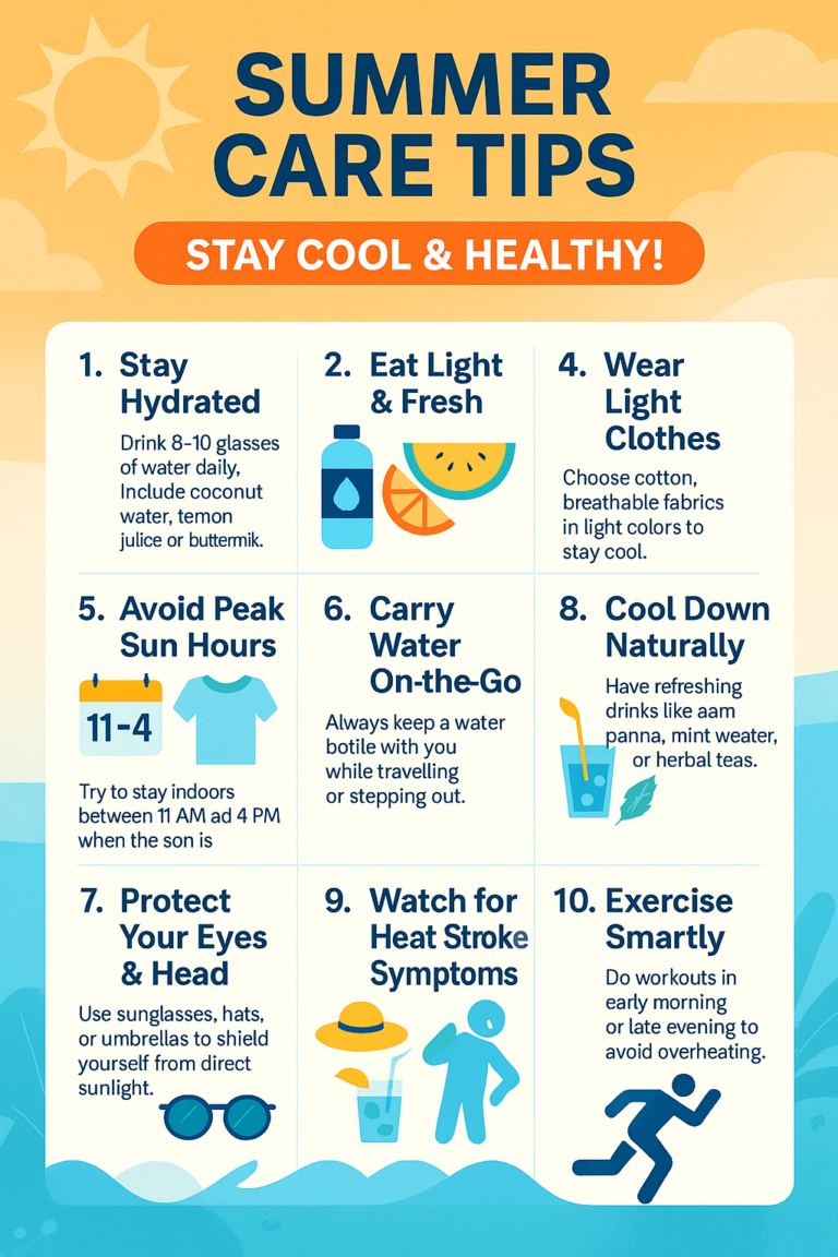 A vibrant informational graphic in flat design style illustrating ten essential summer health care tips. The layout features colorful icons and illustrations such as a water bottle, sun with sunglasses, sunscreen tube, fruits, and a person wearing a hat. Each tip is displayed with a small icon and brief text, including advice like staying hydrated, wearing light clothes, using sunscreen, and avoiding peak sun hours. The background has a sunny, cheerful theme with yellow and blue tones, making the poster eye-catching and easy to read for all age groups.