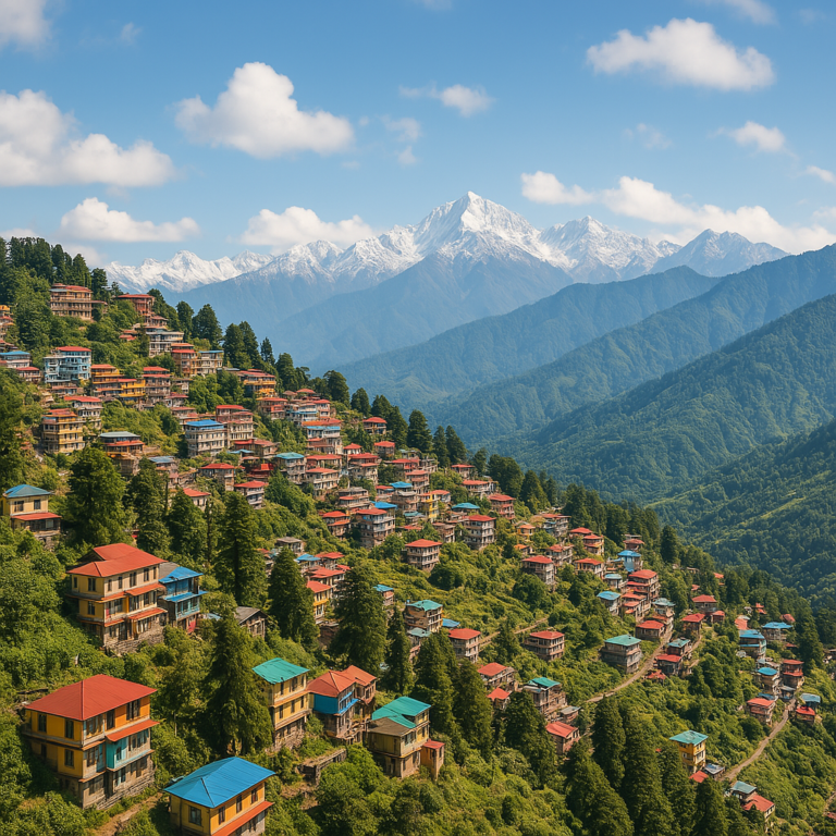 A high-resolution AI-generated image of a scenic Indian summer hill station featuring lush green mountains, mist-covered valleys, pine trees, and small colorful cottages nestled on the hillside under a bright blue sky with soft white clouds.