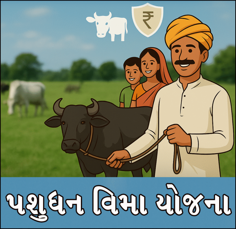 Illustration of a smiling farmer with his family and a buffalo in a green field, promoting the Pashu Bima Yojana in Gujarat, with text highlighting livestock insurance benefits for farmers.